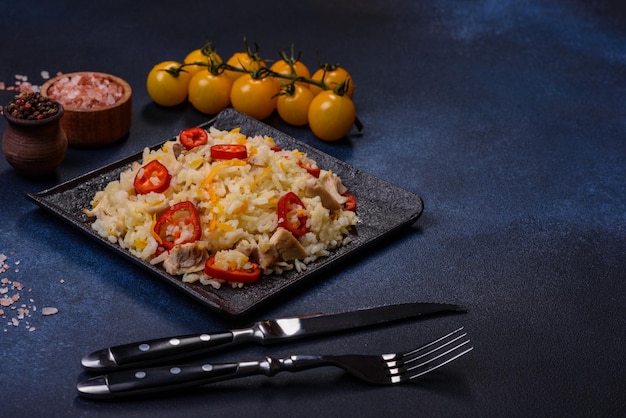 Riz frit chinois fait maison avec des légumes et un poulet