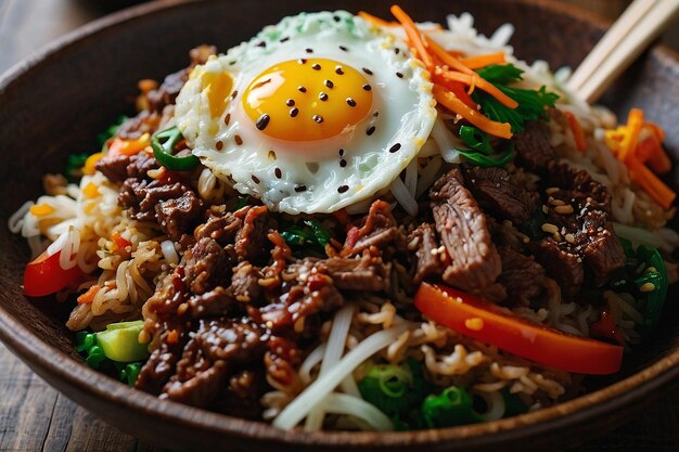 Photo le riz frit coréen bibimbap avec du bœuf