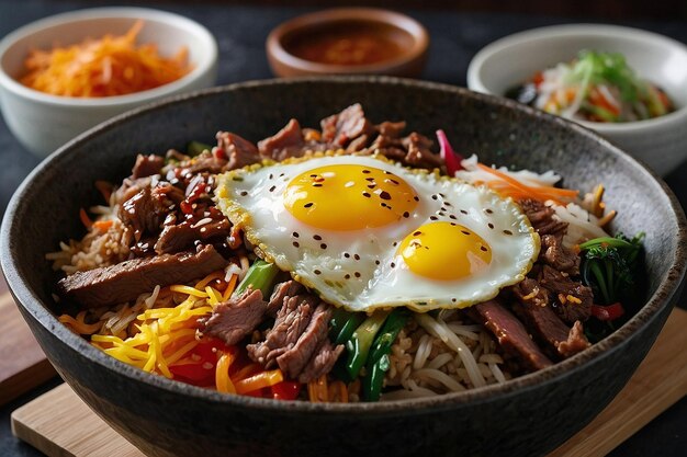 Photo le riz frit coréen bibimbap avec du bœuf