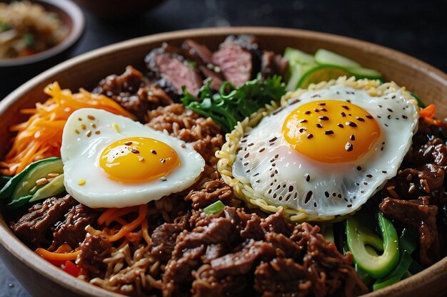 Photo le riz frit coréen bibimbap avec du bœuf