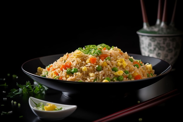 Photo le riz frit dans un bol noir sur un fond d'ardoise sombre le riz végétarien est un plat indochinois avec des poivrons, des haricots verts et des carottes.