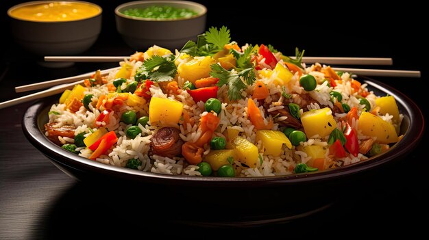 riz frit garni de crevettes et de légumes sur une assiette avec un arrière-plan flou