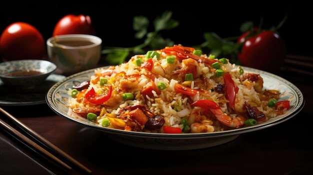 Photo riz frit garni de crevettes et de légumes sur une assiette avec un arrière-plan flou