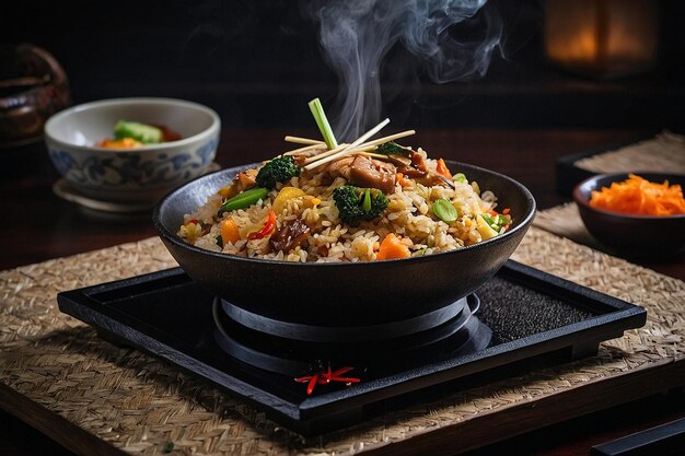 Photo le riz frit japonais hibachi sur le gril teppanyaki