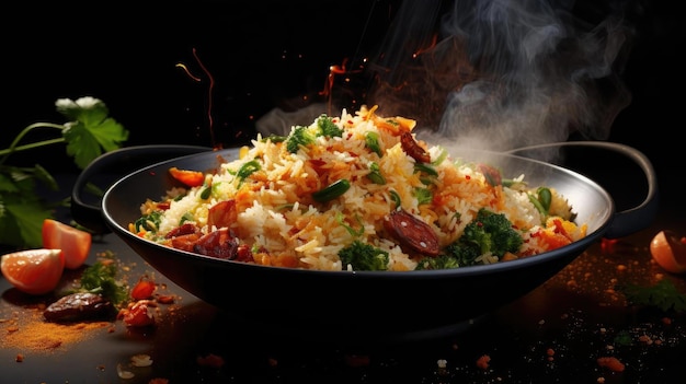 Riz frit avec des légumes hachés et de la viande sur une assiette avec un arrière-plan flou