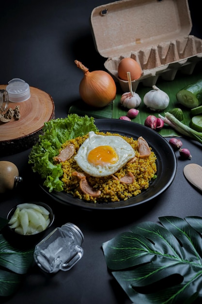 Riz frit ou Nasi Goreng d'Indonésie avec jaune d'oeuf, épices et composition d'assaisonnement