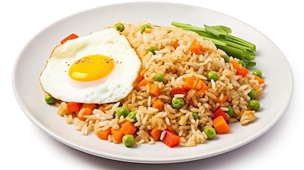 Riz frit avec des œufs frits sur une assiette à fond blanc IA générative