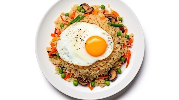 Riz frit avec des œufs frits sur une assiette à fond blanc IA générative