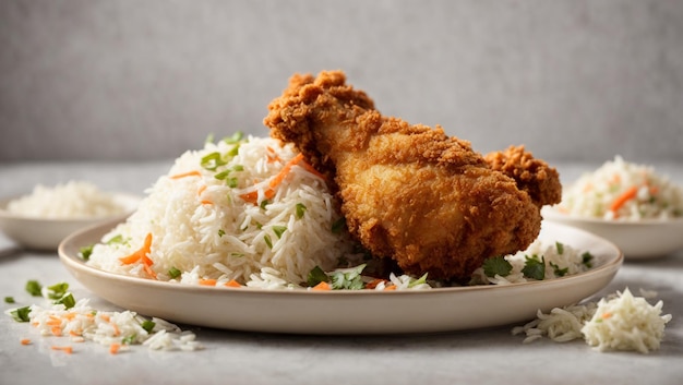 Riz frit avec pilon de poulet sur une assiette