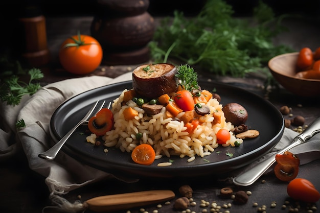 Riz frit avec de la viande et des légumes dans une assiette sur fond noir