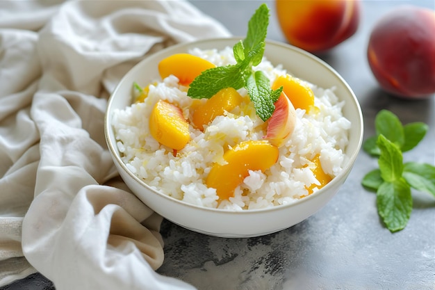 Riz glacé avec des pêches et de la menthe dans un bol blanc