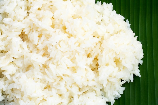 Riz gluant sur feuille de bananier