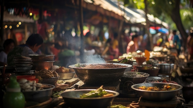 Riz gluant à la mangue au marché animé de la rue thaïlandaise