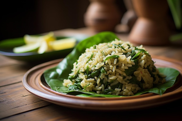 Riz kampung frit avec des épinards sans garniture dans une assiette sur une table en bois