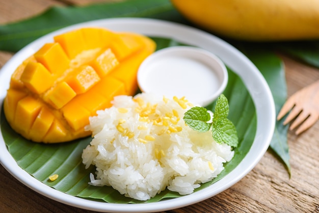 Riz à la mangue mûre cuit avec du lait de coco, dessert thaïlandais asiatique, nourriture aux fruits de mangue sucrée tropicale