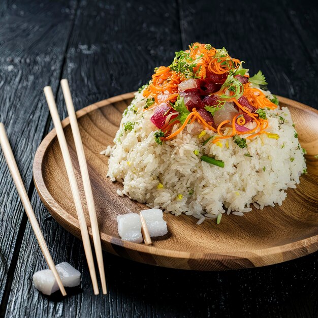 Le riz pour le sushi dans une assiette en bois avec des bâtons sur un fond rustique noir