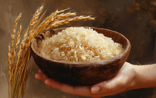 Le riz récolté dans un bol