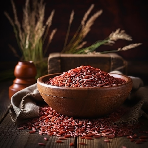 Riz rouge dans un bol en bois sur une table de ferme