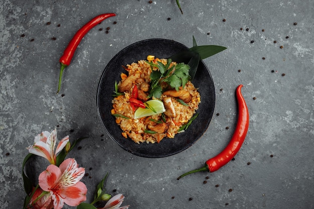 Riz thaï au poulet. Plat thaïlandais de riz, poulet, oignon Yalta, maïs, ananas, tomate, sauce soja, pâte de piment, coriandre, citron vert, piment, épices d'oignon vert