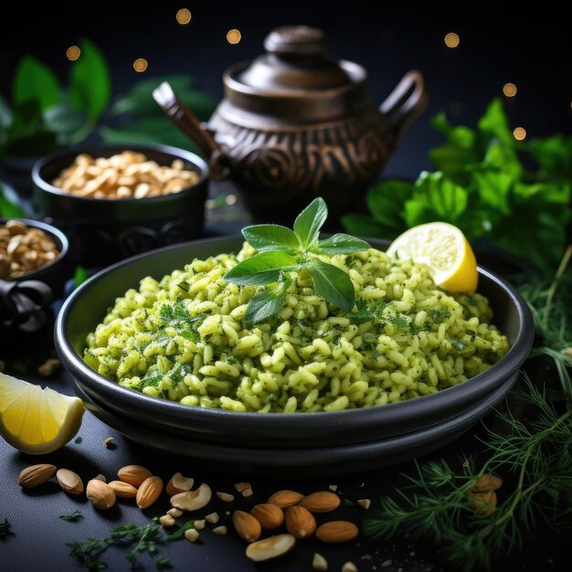 Riz vert avec des arachides au citron et des épices