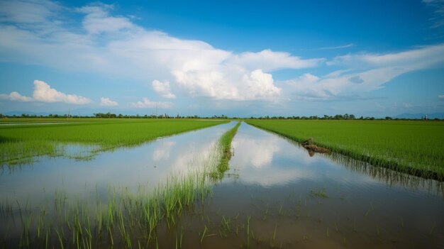 Une rizière avec un ciel bleu et des nuages