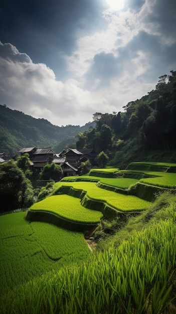 Une rizière dans les montagnes avec un village en arrière-plan