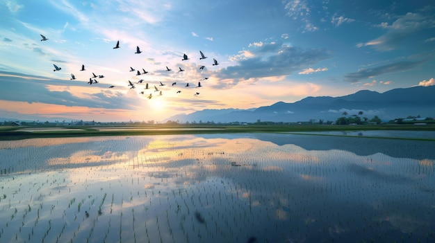 Un rizière tranquille reflétant le ciel azur au-dessus avec un troupeau d'oiseaux glissant gracieusement sur la surface miroir créant un tableau serein