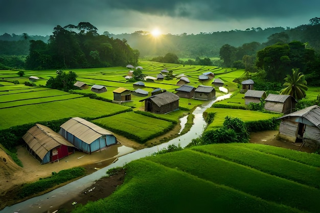 des rizières sous la pluie