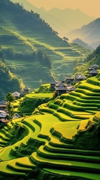 rizières en terrasses arafées dans une zone montagneuse avec des maisons ai générative