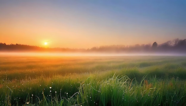 Des rizières vertes, des paysages naturels avec un ciel dégagé, du brouillard dans la vallée, de la lumière du soleil entrant et générée.