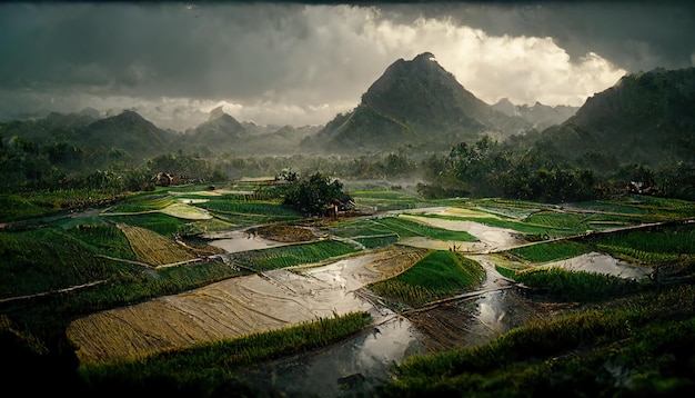 Rizières vertes sous la pluie Montagnes à l'horizon sous un ciel sombre