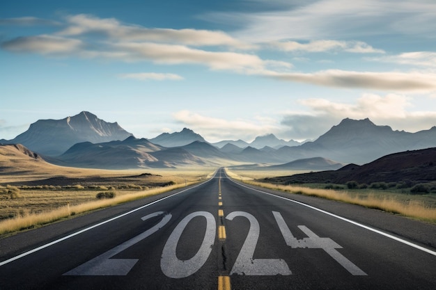 Road to 2024 New Year39s concept d'autoroute ouverte avec 2024 sur fond d'asphalte montagneux