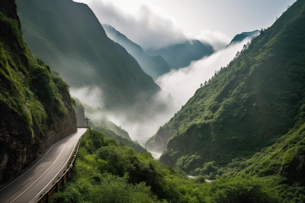 Road trip panoramique à travers les montagnes avec des pics brumeux en arrière-plan créés avec une IA générative