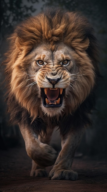 Roaring Fury Gros plan intense d'un lion en colère chargeant l'IA générative