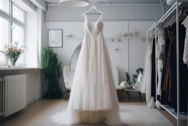 Robe blanche de jour de mariage sur un cintre pour la mariée générative ai