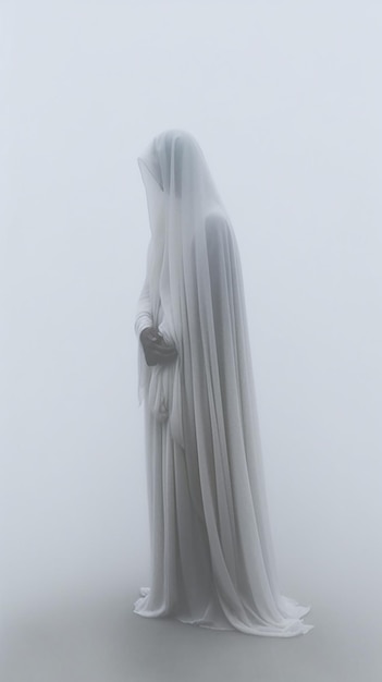 Une robe blanche avec un long voile est dans le brouillard.