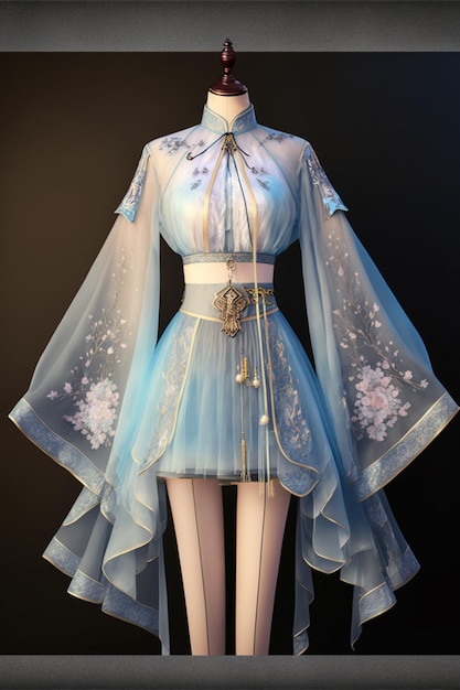 Une robe bleue avec un motif fleuri et une ceinture blanche.