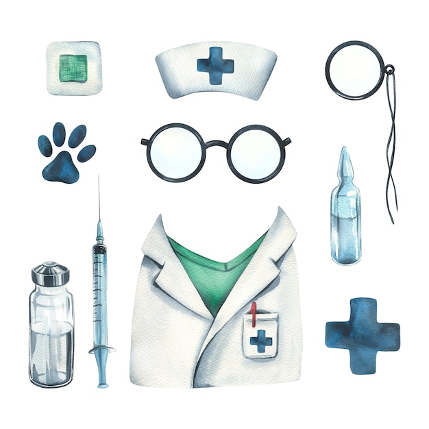 Une robe et une casquette de vétérinaire avec une croix bleue des lunettes une seringue de pansement pincenez et des ampoules avec une empreinte de patte bleue Illustration à l'aquarelle Un ensemble de la collection VÉTÉRINAIRE