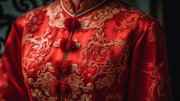 Une robe chinoise rouge avec un coeur sur le devant