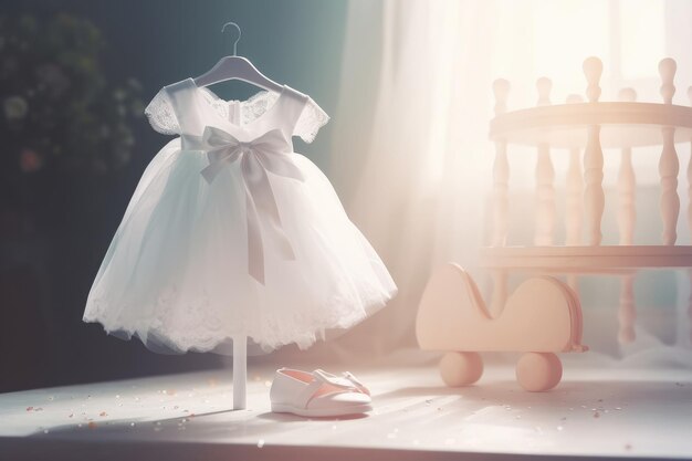 Une robe sur un cintre avec une chaussure de bébé dessus