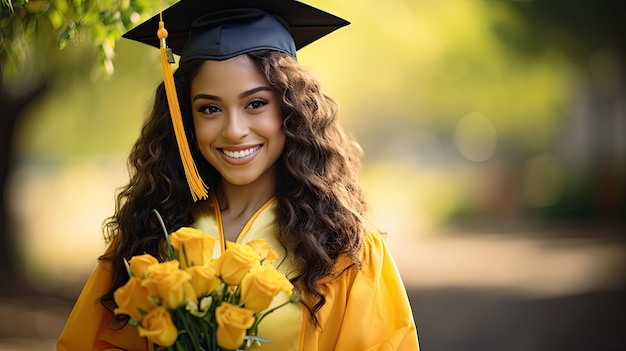 La robe de diplômée est jaune.