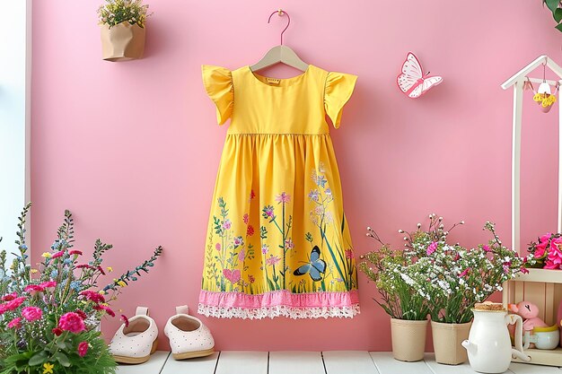 Une robe d'été jaune d'enfants accrochée à un mur rose