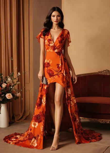 Une robe d'été orange de soirée à la mode sur un mannequin