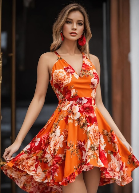 Une robe d'été orange de soirée à la mode sur un mannequin