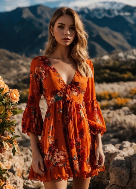 Une robe d'été orange de soirée à la mode sur un mannequin