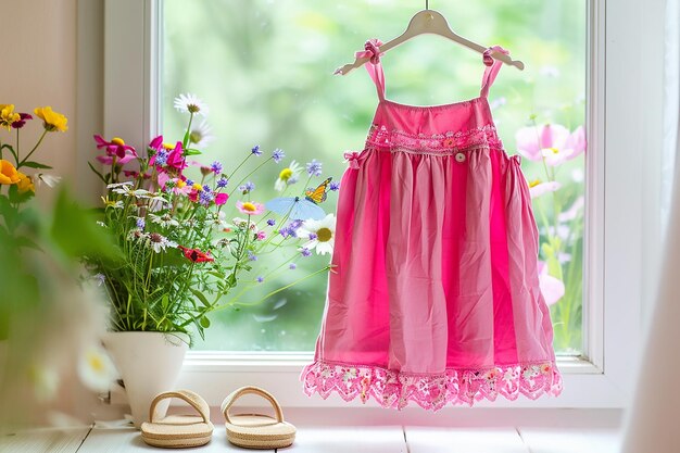 Photo une robe d'été rose pour enfants accrochée à une fenêtre