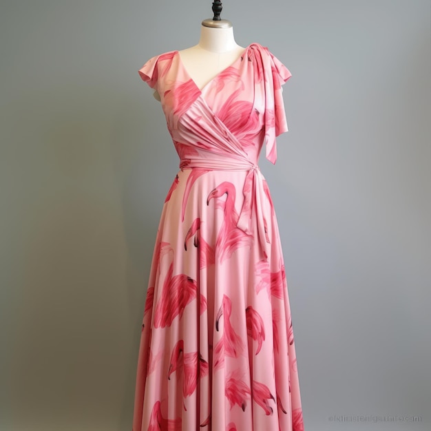 Robe Flamingo sur un mannequin dans une chambre avec des fleurs