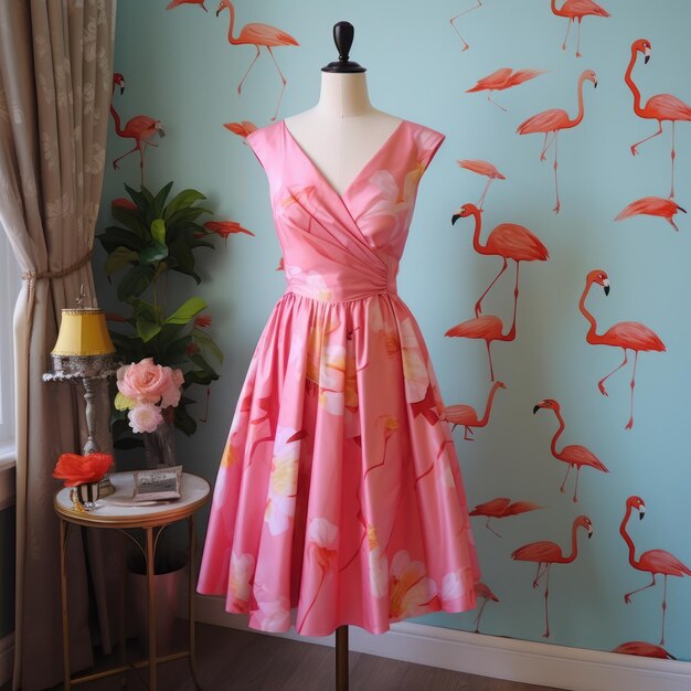 Robe Flamingo sur un mannequin dans une chambre avec des fleurs