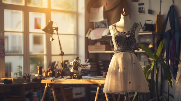 Une robe d'inspiration vintage sur mannequin dans un atelier créatif avec une ambiance ensoleillée