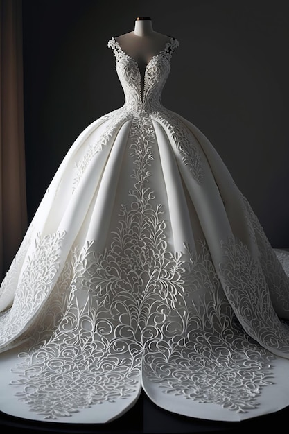 Robe de mariée blanche luxuriante sur un mannequin sur fond sombre AI générative